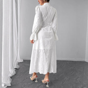 Elegant Vacation Long - Sleeve Hollow - Out Waist - Cinching Button Dress - Zambeel