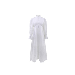 Elegant Vacation Long - Sleeve Hollow - Out Waist - Cinching Button Dress - Zambeel