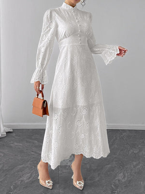 Elegant Vacation Long - Sleeve Hollow - Out Waist - Cinching Button Dress - Zambeel