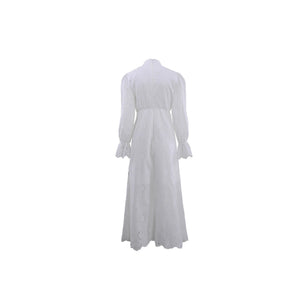 Elegant Vacation Long - Sleeve Hollow - Out Waist - Cinching Button Dress - Zambeel