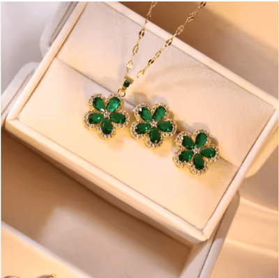 Emerald Zircon Flower Pendant Set - Zambeel