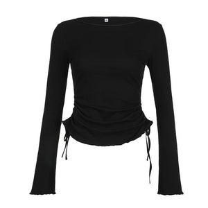 European And American Instagram - style Pure Yet Alluring Lace - up Minimalist Long - sleeve Drawstring Top - Zambeel