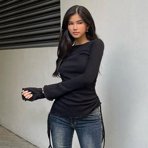 European And American Instagram - style Pure Yet Alluring Lace - up Minimalist Long - sleeve Drawstring Top - Zambeel