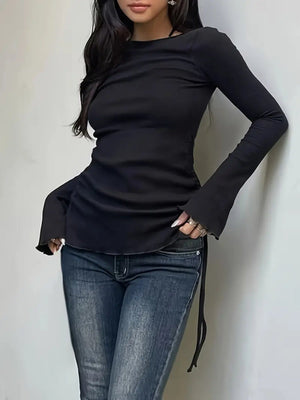 European And American Instagram - style Pure Yet Alluring Lace - up Minimalist Long - sleeve Drawstring Top - Zambeel