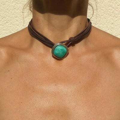 European And American Turquoise Artistic Vintage Cowhide Leather Necklace - Zambeel