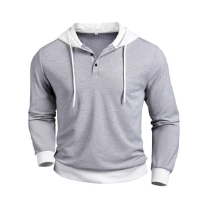 FallWinter Casual Textured Waffle - knit Contrast - color Long - sleeve Hoodie With Buttons - Zambeel