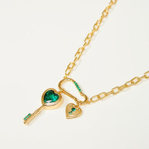 Fashion Emerald Love Key Inlaid Zircon Pendant Necklace - Zambeel