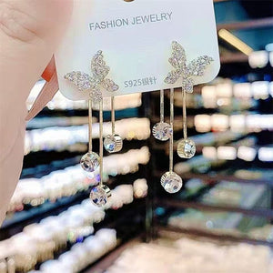 Fashion Jewelry Shiny Butterfly Rhinestone Drop Dangle Earrings Women Elegant Long Pearl Tassel Chain Pendant Party Jewelry - Zambeel