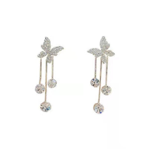Fashion Jewelry Shiny Butterfly Rhinestone Drop Dangle Earrings Women Elegant Long Pearl Tassel Chain Pendant Party Jewelry - Zambeel