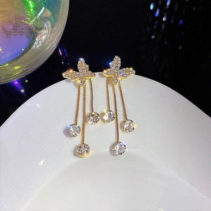 Fashion Jewelry Shiny Butterfly Rhinestone Drop Dangle Earrings Women Elegant Long Pearl Tassel Chain Pendant Party Jewelry - Zambeel