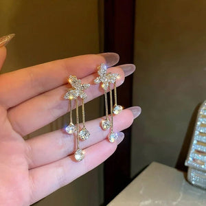 Fashion Jewelry Shiny Butterfly Rhinestone Drop Dangle Earrings Women Elegant Long Pearl Tassel Chain Pendant Party Jewelry - Zambeel