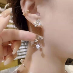 Fashion Jewelry Shiny Butterfly Rhinestone Drop Dangle Earrings Women Elegant Long Pearl Tassel Chain Pendant Party Jewelry - Zambeel
