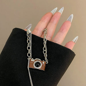 Fashion Retro Coffee Color Camera Necklace Asymmetric - Zambeel