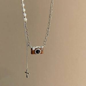 Fashion Retro Coffee Color Camera Necklace Asymmetric - Zambeel