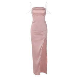 Fashionable And Sexy Slit - back Dress With Diamond - chain Straps - Zambeel