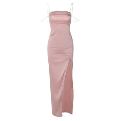 Fashionable And Sexy Slit - back Dress With Diamond - chain Straps - Zambeel