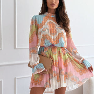 Fashionable Bohemian - style Printed Stand Collar Pleated Long - sleeve Dress - Zambeel