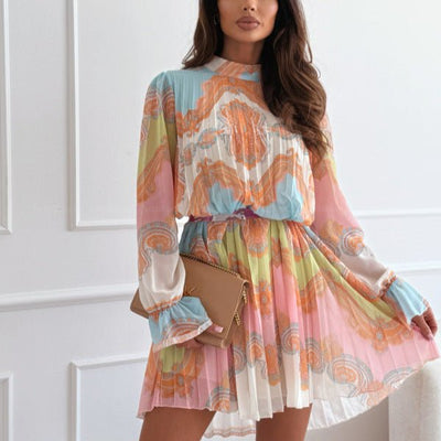 Fashionable Bohemian - style Printed Stand Collar Pleated Long - sleeve Dress - Zambeel