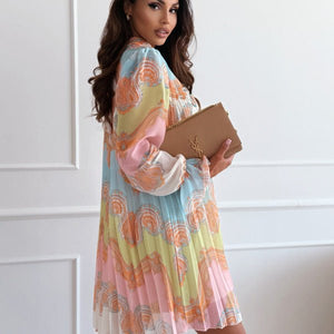 Fashionable Bohemian - style Printed Stand Collar Pleated Long - sleeve Dress - Zambeel