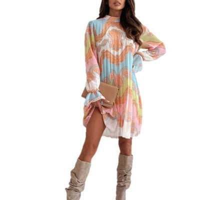 Fashionable Bohemian - style Printed Stand Collar Pleated Long - sleeve Dress - Zambeel