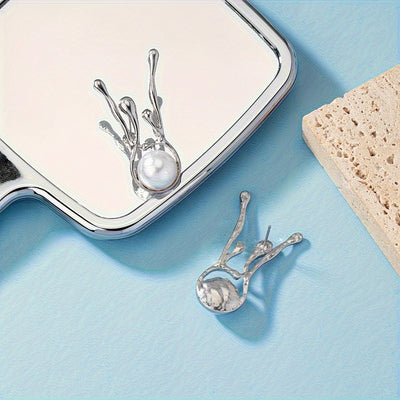 Fashionable Exaggerated Yet Minimalist Deer Antler Inspired Faux Pearl Irregular Earrings - Zambeel