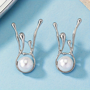 Fashionable Exaggerated Yet Minimalist Deer Antler Inspired Faux Pearl Irregular Earrings - Zambeel