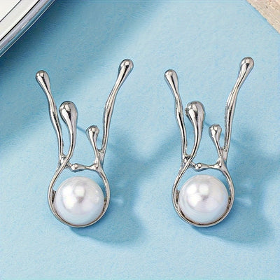 Fashionable Exaggerated Yet Minimalist Deer Antler Inspired Faux Pearl Irregular Earrings - Zambeel