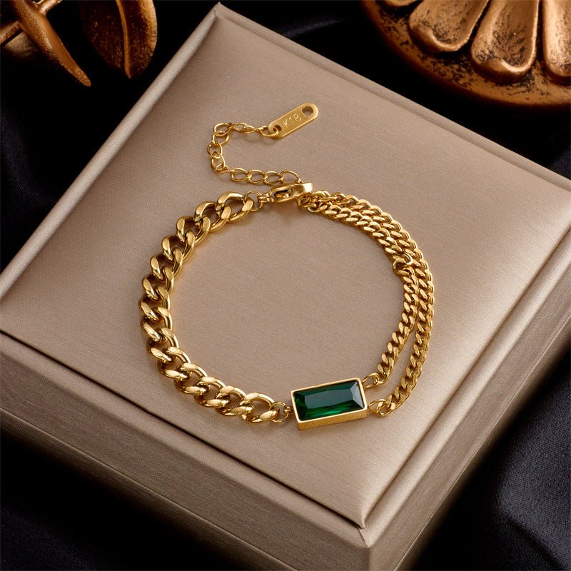 Fashionable Niche Retro Metal Square Green Diamond Versatile Bracelet - Zambeel