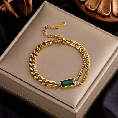 Fashionable Niche Retro Metal Square Green Diamond Versatile Bracelet - Zambeel