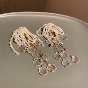 Female Exaggerated Long Pearl Earrings Shell Bow Tassel Earrings - Zambeel