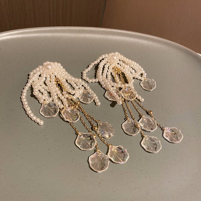 Female Exaggerated Long Pearl Earrings Shell Bow Tassel Earrings - Zambeel