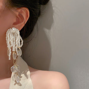 Female Exaggerated Long Pearl Earrings Shell Bow Tassel Earrings - Zambeel
