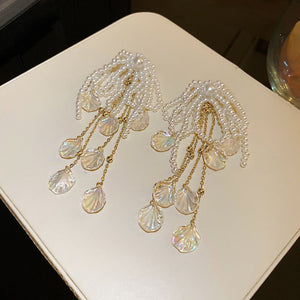 Female Exaggerated Long Pearl Earrings Shell Bow Tassel Earrings - Zambeel