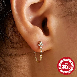 Female Pure Silver Chain Connected Diamond Studded Earrings - Zambeel