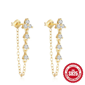 Female Pure Silver Chain Connected Diamond Studded Earrings - Zambeel