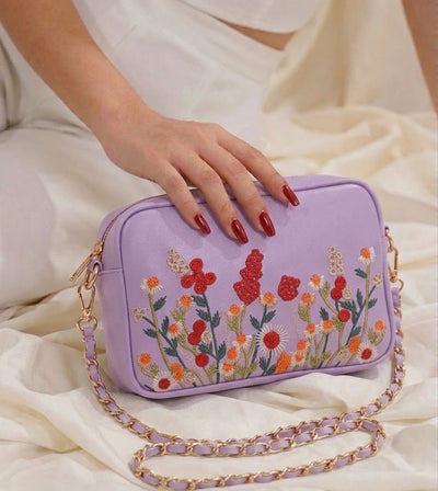 Floral Embroidered Chain Shoulder Bag for Women - Zambeel