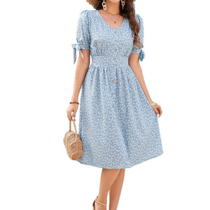 Floral V - neck Puff - Sleeve Bow - Trimmed Half - Buttoned Waist - Cinched Dress - Zambeel