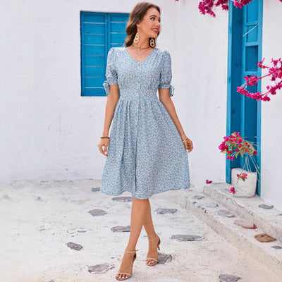 Floral V - neck Puff - Sleeve Bow - Trimmed Half - Buttoned Waist - Cinched Dress - Zambeel