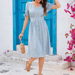 Floral V - neck Puff - Sleeve Bow - Trimmed Half - Buttoned Waist - Cinched Dress - Zambeel
