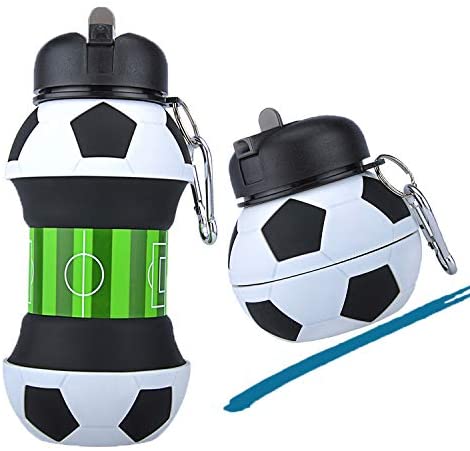 Football Soccer Silicone Water Bottle with Straw Foldable Collapsible Travel Non - toxic Bottles Innovating Camping - Zambeel
