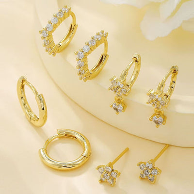 Four - Piece Zircon - Encrusted Flower Earrings For Women - Zambeel