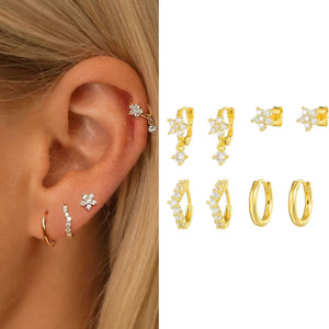 Four - Piece Zircon - Encrusted Flower Earrings For Women - Zambeel
