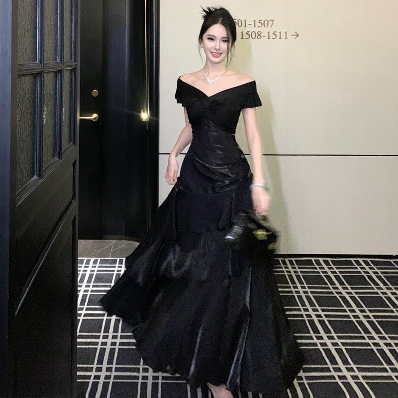 French - style Black Off - shoulder Luxury Dress - Zambeel