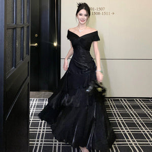 French - style Black Off - shoulder Luxury Dress - Zambeel
