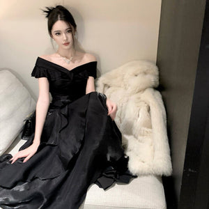French - style Black Off - shoulder Luxury Dress - Zambeel