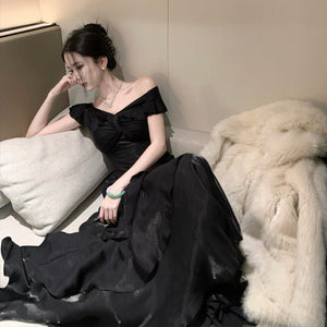 French - style Black Off - shoulder Luxury Dress - Zambeel