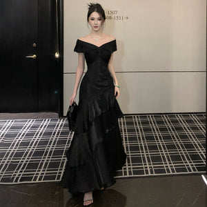 French - style Black Off - shoulder Luxury Dress - Zambeel