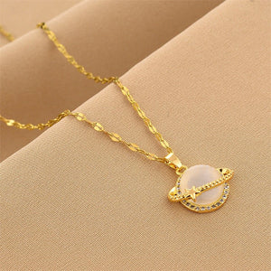 French Style Design Planet Opal Pendant Titanium Steel Necklace Non - fading Simple - Zambeel