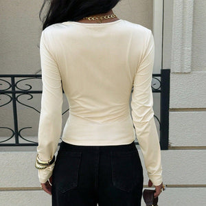 French - style Niche Off - white Top For Women Irregularly Crossed Pleated Design On The Front Chest Long Sleeves Loose Fit And Figure - flattering - Zambeel