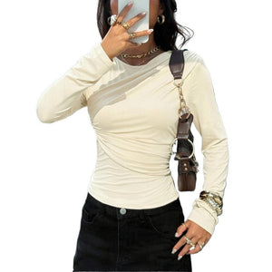 French - style Niche Off - white Top For Women Irregularly Crossed Pleated Design On The Front Chest Long Sleeves Loose Fit And Figure - flattering - Zambeel